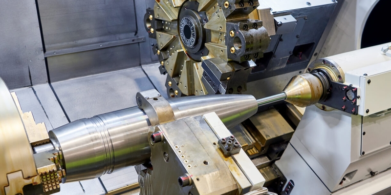 CNC lathe machining a metal shaft with a multi-tool turret and rotating spindle in an industrial manufacturing setting.